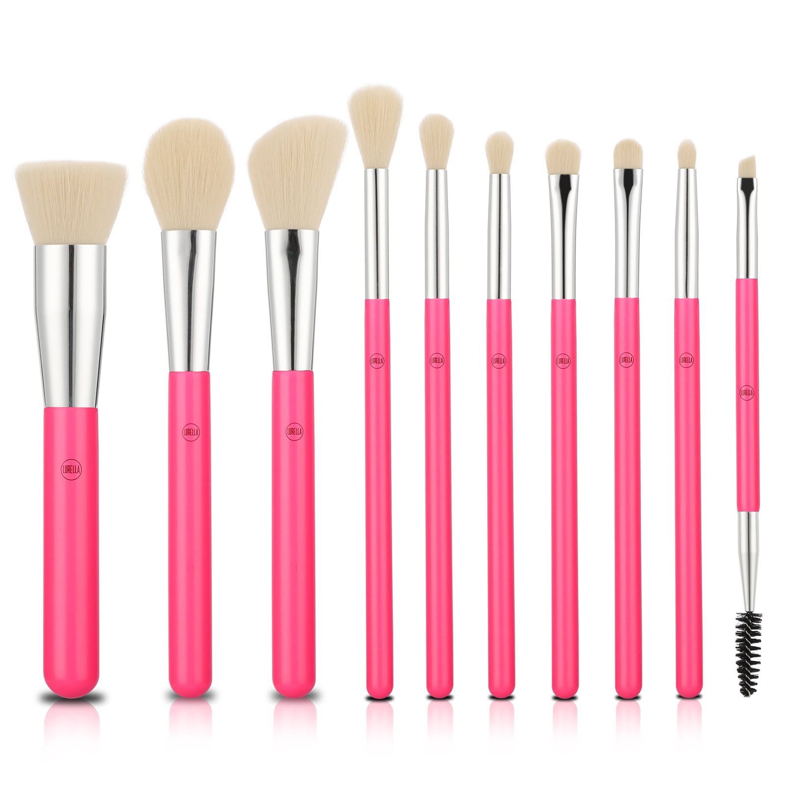 Lurella Makeup Brush Set 10 Piece Magenta Neon Pink Synthetic Bag Face top Eye Blend